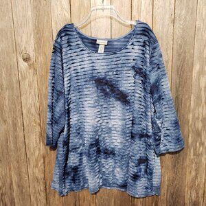 Catherines 2X 22 24 Top Blouse Blue Ruffle Tiered Tie Dye Women's Plus Stretch